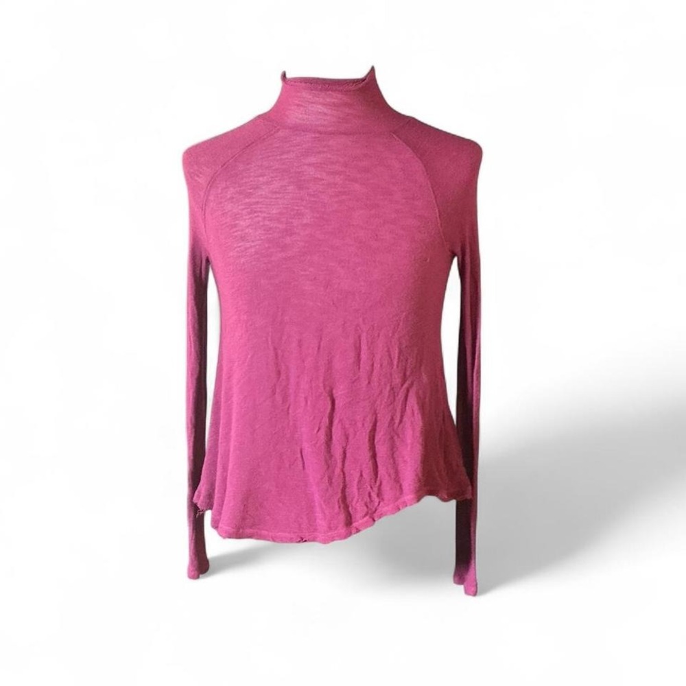 Free People Pink Sheer Long Sleeve Turtleneck Asymmetrical Raw Hem Top XS